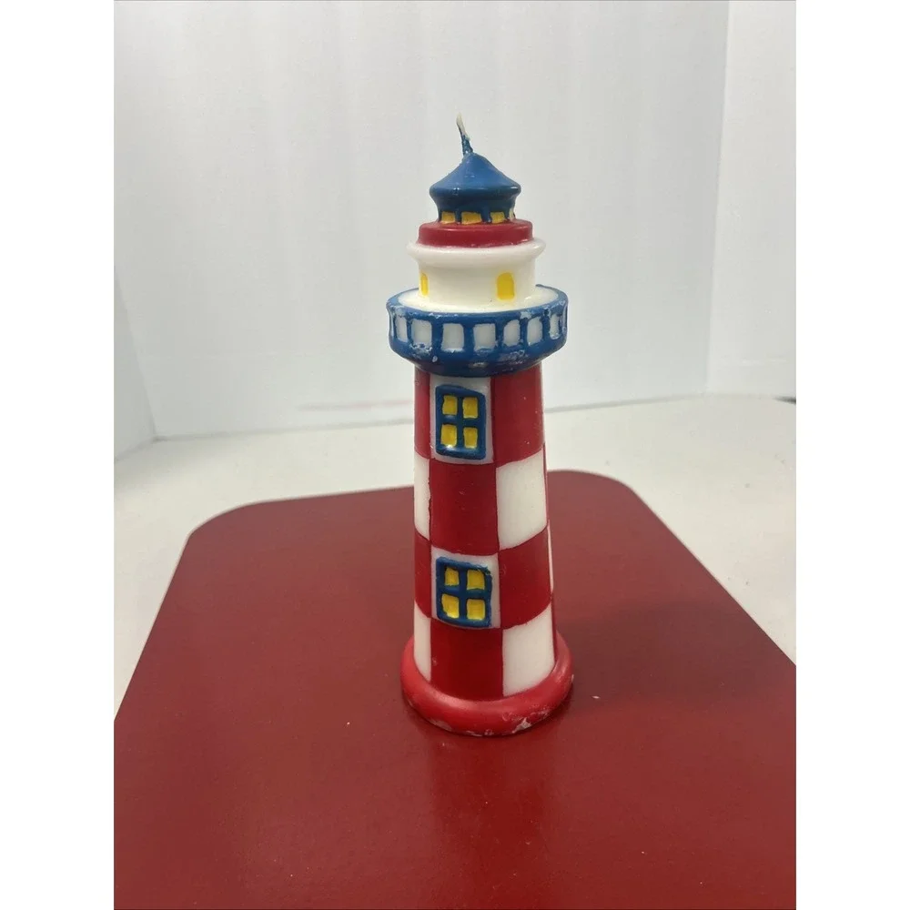 Vtg Lighthouse‎ Wax Candle Figurine Red/Blue/White 9